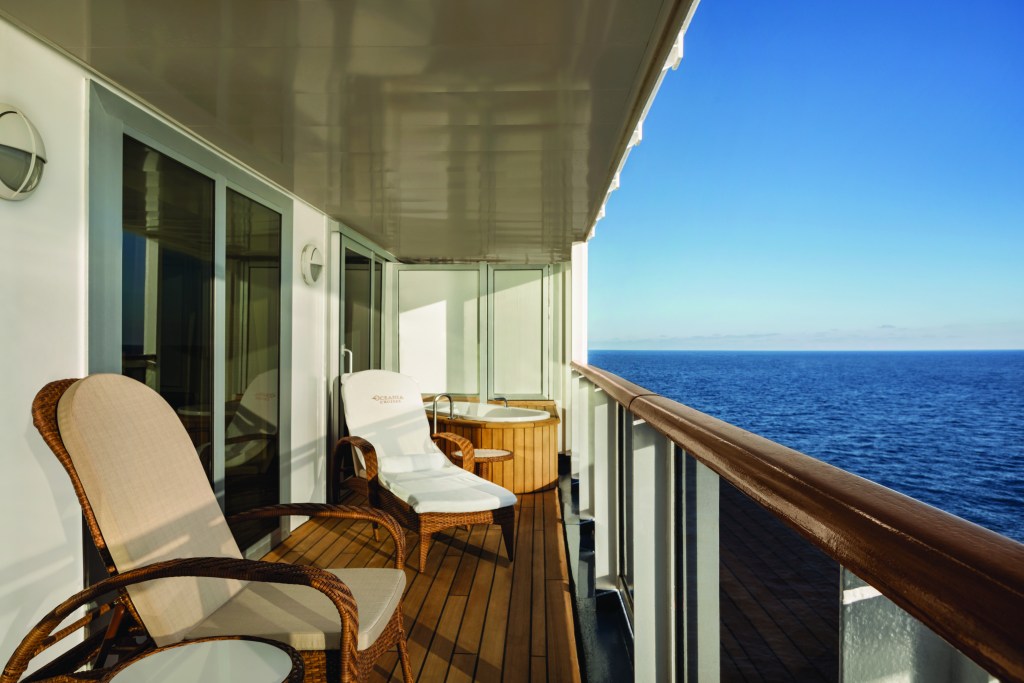 Oceania Cruises suite veranda and outdoor seating, best cruise ship balcony cabins
