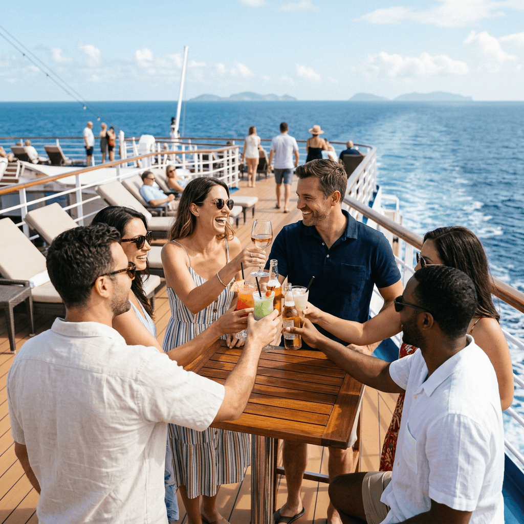 Group of six friends cheering with various drinks on cruise ship deck with ocean view