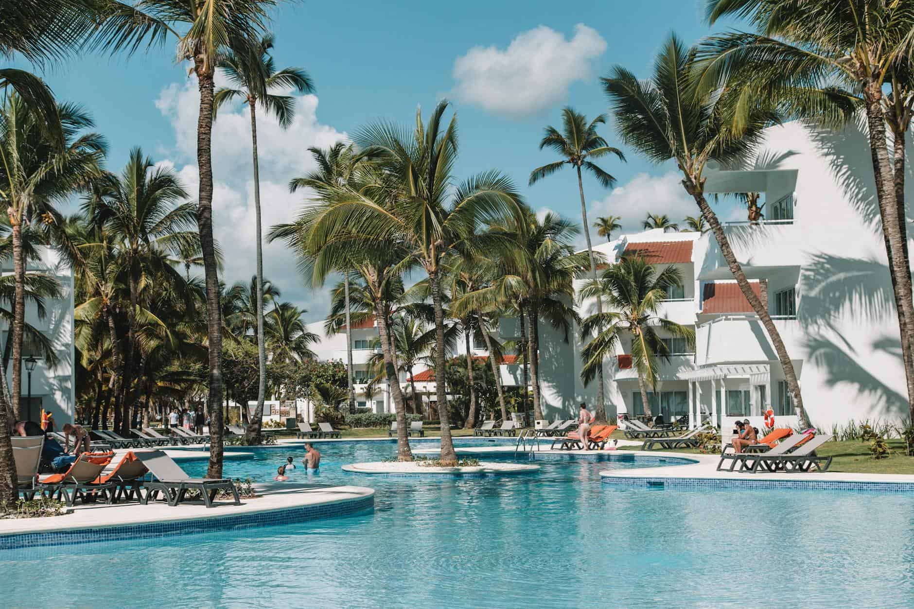 coconut trees around a swimming pool