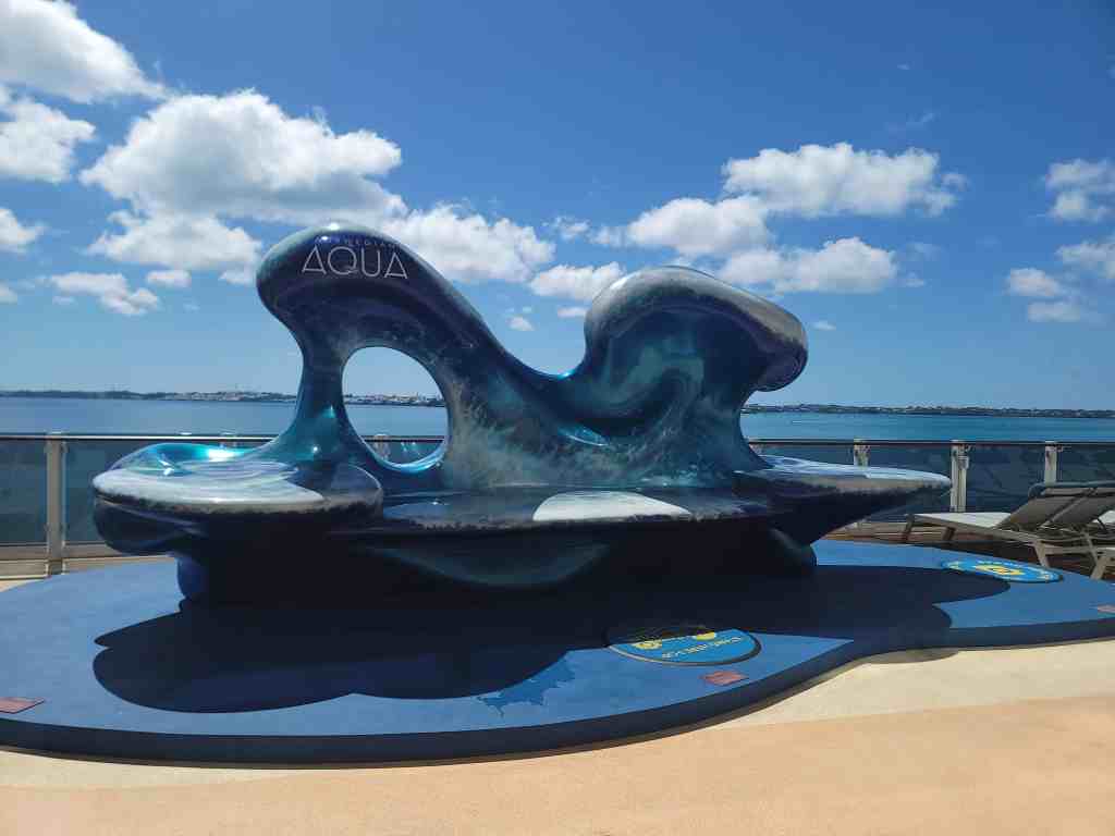 Norwegian Aqua Bermuda cruise review: Modern wave art installation on the pool deck overlooking the ocean.